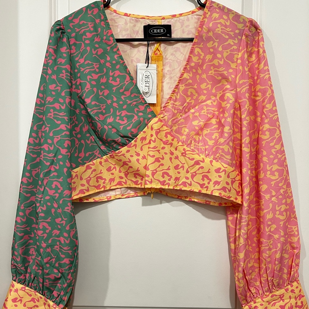Cider Green and Pink Cropped Blouse with Wrap Style and Billowy Sleeves